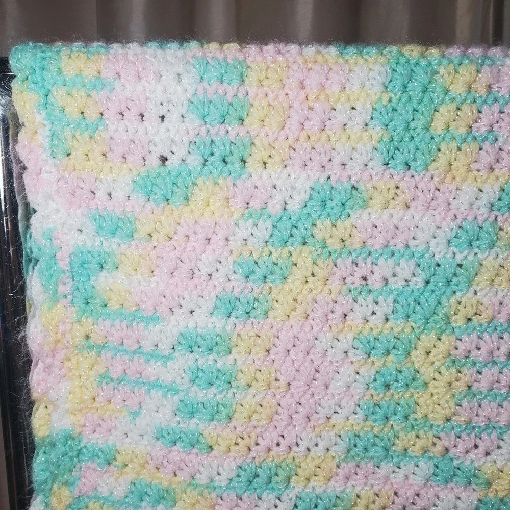 Handmade Crochet Baby Blanket Afghan Pastel Pink Yellow Green White Nursery